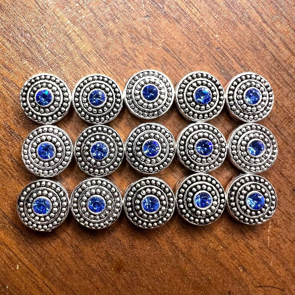 Jewelry Making Lot Pewter and Crystal Round Spacers Silver and Sapphire Blue